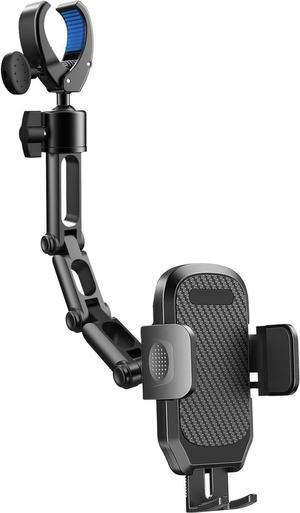 Phone Holder Car, Rear View Mirror Phone Holder - Aluminum Alloy Mount Multi-Angle Adjustment Rotatable and Retractable Compatible with All 4-7 Inch iPhone and Android Cell Phones (Black)