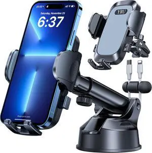 YRU [2025 Upgrade Extreme Strong Suction] Car Phone Holder Mount,[Bumpy Road Stable] Dashboard Cell Phone Holder for Car Vent Windshield Phone Stand for iPhone 16 15 14 13 Pro Max Samsung Truck, Grey