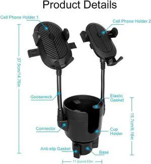 JINKEY Dual Cup Phone Holder for Car, 360°Rotatable Car Phone Mount Adjustable Gooseneck Cell Phone Cup Holder Universal Fits for Most 4"-6.7" i-Phone Cell Phone Automobile Cradles
