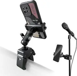 Clip Phone Holder for Desk,Pole,Pipe,Boom,Flat Surface with Adjustable Aluminium Arm Phone Clamp Mount for Mic Stand,Treadmill Compatible with All 4-7 Cell Phone (Short-Aluminium Arm Phone Holder)