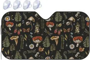 SUPLUCHOM Windshield Sun Shade Vintage Magic Mushroom Leaf Forest Car Front Window Sunshade Blocker UV Visor Retractable Automotive Sunshades for Vehicle SUV Truck Protector 51x27.5 inch