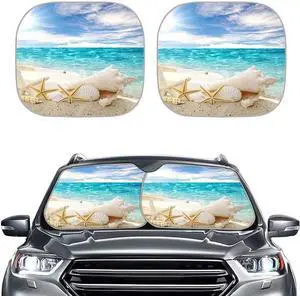 Forchrinse Ocean Beach Seashells with Starfish 2-Piece Windshield Sunshade Block Sun,Heat,Glare,Foldable Front Window Shade Fit for Most of Car Truck SUV Van