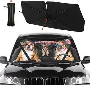 American Flag Car Windshield Sun Shade Umbrella Bendable Handle Foldable Funny Bulldog Sunshade for Car Windshield Block UV Rays Keep Vehicle Cool for Most Sedans SUV Trucks Cars 57"x30"
