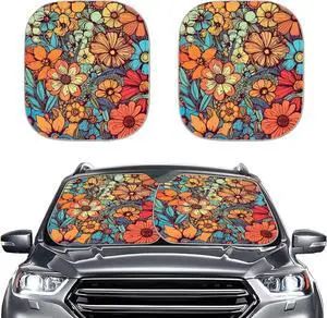 DISNIMO Abstract Groovy Flower Summer Beach Car Windshield Sunshade 2 Pieces Auto Front Windshield Sun Shade- Hawaiian Tropical Cars Window Sunshade Blocks UV Rays Sun Visor Protector