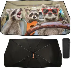 Funny Raccoon Driving Animal Windshield Sun Shade Car Foldable Umbrella Sunshade Blocks UV Rays Heat Keep Vehicle Cool (58" x 29.7")