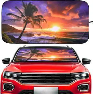 Vepagoo Windshield Sun Shade, Sunset View Design Anti-UV Car window decoration (65X32 inches)