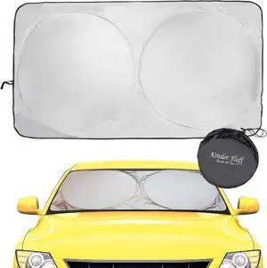 kinder Fluff Patented Windshield Sunshade | Reflective & Foldable Windshield Sun Cover & 99% UV Rays Block | Car Window Shade Interior Accessories Sunshades for Windscreen & Dashboard - L (63x35in)