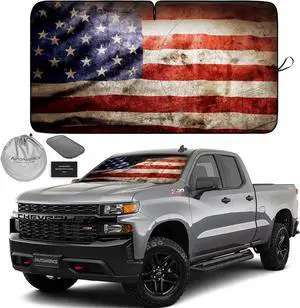 Autoamerics 1-Piece Windshield Sun Shade Grunge American Flag - 2 USA Design - Foldable Car Front Window Sunshade for Most Sedans SUV Truck - Blocks Max UV Rays and Keeps Your Vehicle Cool - Large
