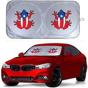 Puerto Rican Flag Frog Car Windshield Sun Shade Front Window Windshield Blocks UV Rays Sun Visor Protector Sunshade Proud Puerto Rico Car Accessories (Coqui)