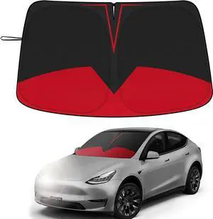 Black Sunshade for Tesla Model 3/Y, Front Windshield Sun Visor, Full-Size Sun Shade, Quick Fold with Storage Bag