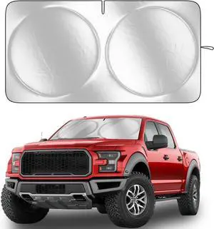 PEMOTech Car Windshield Sun Shade with Storage Bag, Keep Car Interior Cool, 240T Thickened Polyester Automotive Glass Sunshade, Overlapping Design, Fit for Cars,Trucks,SUVs, Large (69x35 inches)