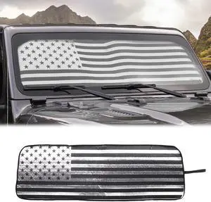 Voodonala for Jeep JL Windshield Sunshade Window Sun Shade Sun Visor Shade Panel for 2018-2025+Jeep Wrangler JL JLU 2/4Door Gladiator JT 4xe Foldable Sun Shield Cover Block Heat and Block UV Rays Flag