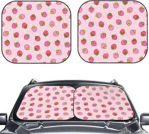 KiuLoam 2 Piece Car Windshield Sun Shade, Cute Strawberry Pink Print Sunshades Sun Visor Protector Blocks UV Rays Foldable Keep Your Vehicle Cool for Most Sedans SUV Truck, Medium
