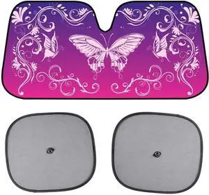 BDK Pink Butterfly Accordion Folding Car Windshield Sun Shade with 2 Side Car Window Shades for Baby - Cute Jumbo Sunshade for Car to Protect Interior & Keep your Vehicle Cool 58" x 28"