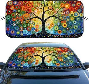 Tree of Life Car Windshield Sunshade Folding Colorful Circles Dots Abstract Heatshield Front Window Car Sun Shade Windshield Rays Sun Shade Visor Protector for Car Sedan Truck SUV Accessories