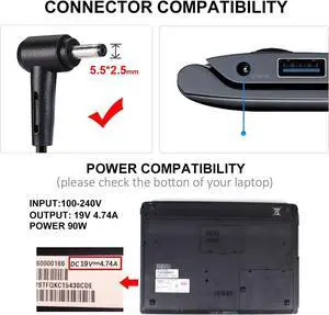 New 90W AC Adapter Charger for Asus N56V N56VJ K53E K55A Q550 Q550L Q550LF U56E X53E X551M X555LA R510C R510CA R510DP R510 K501U K501UX K501UW N56 N56DP N56VM N56VZ N76VJ N76VZ Supply Cord