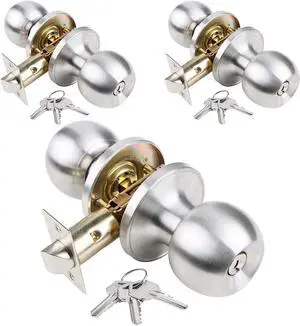 GSCZ Door Knob with Key for Bedroom Door Locks with Keys, Stainless Steel Doorknob with Lock and Key, Ball Door Handle with Key,3 Pack, GSCZ-ST-ET-3