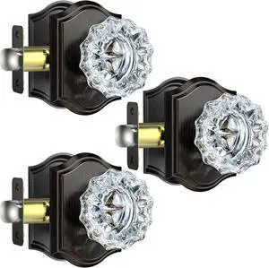 3 Pack Crystal Door Knobs - Vintage Glass Crystal Door Knob Set for Hall and Closet, Oil Rubbed Bronze Finish