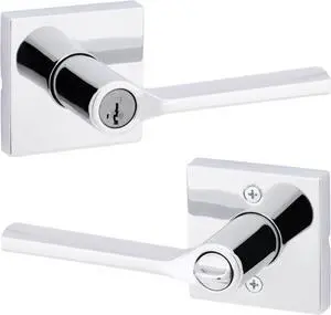 Kwikset Lisbon Square Entry Door Knob with Lock and Key, Secure Keyed Handle Exterior, Front Entrance and Bedroom, Polished Chrome, Pick Resistant SmartKey Rekey Security