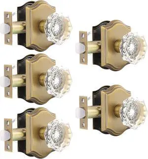 Gobrico 5 Pack Passage Crystal Door Knobs in Antique Brass for Hall Closet Laundry Room,Clear Octagon Shape,Keyless Outside for Interior Room