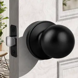Moquin Round Ball Style Passage Door Knob, No Lock Interior Door Knob, Keyless Doorknob for Hall Closet Pantry, Matte Black Finish