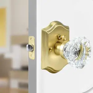 Crystal Door Knobs, Satin Brass Glass Door Knobs Interior Rose Shape with Lock Privacy Function, Vintage Antique for Bedroom Bathroom