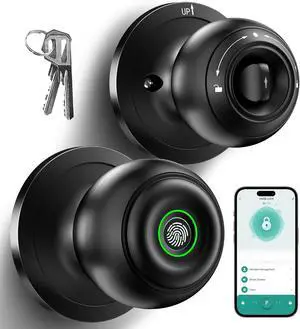 Fingerprint Door Lock, Smart Fingerprint Door Knob with Lock, Biometric Door Locks with App Control & Key, Keyless Thumbprint Entry Door Locks for Bedroom, Front Door, Home, Apartment-Dark Black