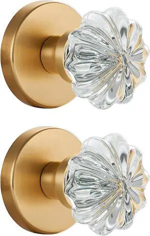 Rotating Dummy Crystal Door Knob Set  Decorative Brushed Brass Glass Handle, Vintage Flower Design for Closet, Double Door, French Cabinet  2 Pack Non-Locking Interior Hardware