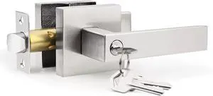 Entry Door Handle with Lock Satin Nickel, 1 Pack Keyed Different Door Lever, Exterior Outside Door Knob, Square Reversible Handle