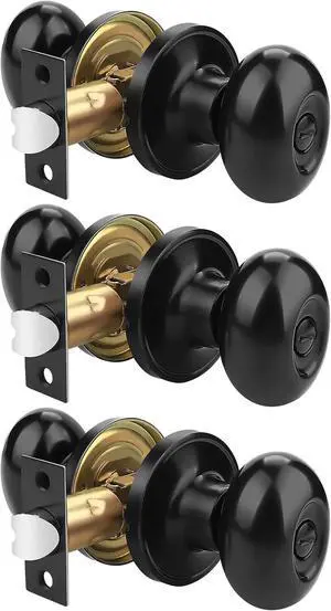 Probrico Black Privacy Door Knobs, Oval Bathroom/Bedroom Door Knobs, Interior Door Knob Without Key, Egg Shape Keyless Locking Door Knobs 3 Pack