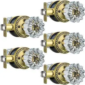 Glass Brass Door Knobs, 5 Pack Interior with Lock for Privacy Use, Antique Brass Crystal Door Knobs for Bedroom Bathroom, Vintage Style