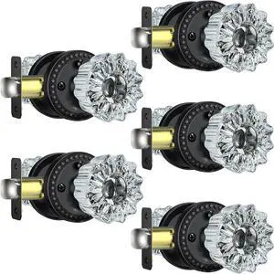 Vintage Glass Door Knobs, 5 Pack Black Knobs with Lock for Privacy Use, Crystal Interior for Bathroom Bedroom