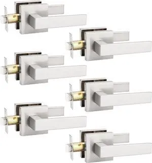 KNOBWELL 6 Pack Brushed Nickel Interior Door Knob, Heavy Duty Passage Lever Door Handle for Closet Hallway Satin Nickel Indoor Door Handle(No Lock)