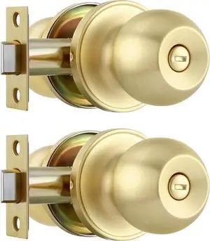 Leydebong 2 Pack Gold Door Knobs for Bedroom Bathroom, Interior Door Knob with Round Ball, Satin Brass Door Knob with Privacy Function