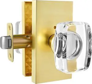 Glass Door Knob, Gold Crystal Door Knob Interior with Lock, Satin Brass Privacy Modern Door Knob Rectangular for Bedroom Bathroom, Brushed Gold