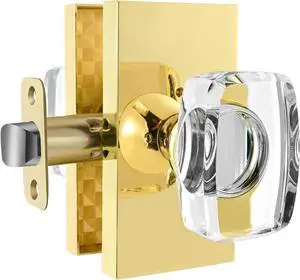 Glass Door Knobs, Gold Crystal Door Knob Interior with Lock, Polished Brass Privacy Modern Door Knob Rectangular for Bedroom Bathroom