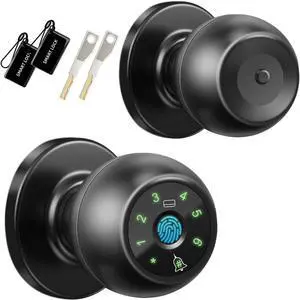 Smart Fingerprint Door Knob, Biometric Door Lock with Doorbell, 4 Unlock Ways: Fingerprint, IC Card, Password and Spare Key, Keyless Thumbprint Entry Door Lock for Bedroom, Apartment, Rental House