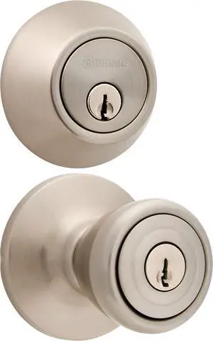 BRINKS - Bell Style Keyed Entry Door Knob and Single Cylinder Deadbolt Set, Satin Nickel