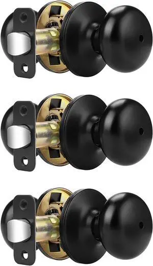 Probrico Privacy Door Knobs Matte Black Finish, 3 Pack Privacy Doorknob Lock, Universible Door Handles with Adjustable Latch 60-70mm