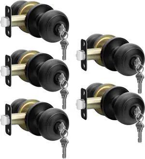 Haidms Black Door Knobs with Lock and Key, Keyed-Alike, 5 Pack, Matte Black, Zinc Alloy & Stainless Steel, Adjustable, 2-3/8 to 2-3/4 Inches, Outdoor, Industrial Style