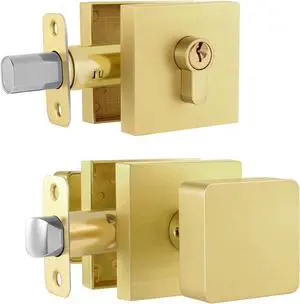 Gold Door Knob with Deadbolt Lock Set, Satin Brass Exterior Deadbolt and Door Knob with Key