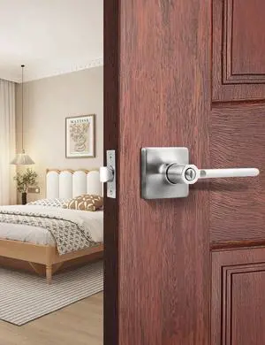 Mengico 1 Pack Privacy Door Handle, Satin Nickel Keyless Interior Door Knobs, Heavy Duty Square Door Lock for Bedroom & Bathroom, Reversible Flat Door Lever