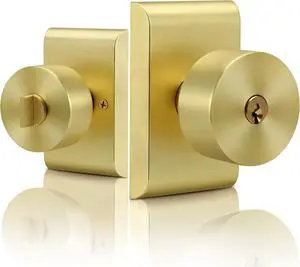Moquin Brushed Gold Door Knob with Lock, Gold Zinc-Alloy Heavy Duty Keyed Entry Modern Design Doorknob for Exterior and Interior, Satin Brass