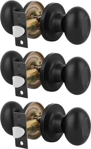 Gobrico 3 Pack Black Passage Door Knobs Egg Oval Door Knobs for Hall and Closet Black Interior Door Handles Keyless Door Locks Passage Function