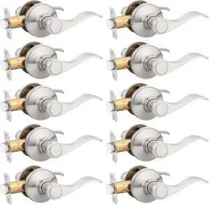 KNOBWELL 10 Pack Closet Door Handle Passage, Brushed Nickel Interior Door Knob Levers Without Lock/Key, Wave Style Keyless Lever Handles