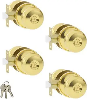 Asidrama 4 Pack Entry Gold Door Knob with Lock, Gold Door Handles Interior for Bedroom or Bathroom, Heavy Duty Door Knob with Door Handles for Left Right Sided Doors