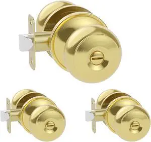 Amerdeco 3 Pack Gold Door Knobs Privacy Interior Door Knob with Lock,Door Knob for Bedroom, Bathroom