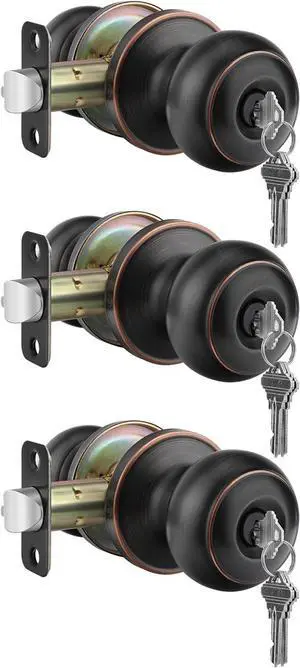 Haidms Oil Rubbed Bronze Door Knobs, Exterior Door Knobs, Classic Locking Door Knob with Key, Bronze Keyed-Alike Entry Door Knob (3 Pack)