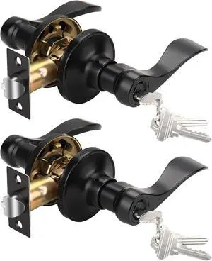 2 Pack Keyed Bathroom/Bedroom Door Lock, Matte Black Front Door Handle, Exterior Door Handle, Different Key for Each Pack, Zinc Alloy