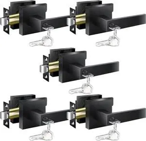 Door Handles Interior, Door Knobs Interior, Black Door Handle with Reversible Lever, Keyed Alike Door Lock Sets for Bedroom, 5 Packs Heavy Duty Door Lock Sets, Matte Black (5)